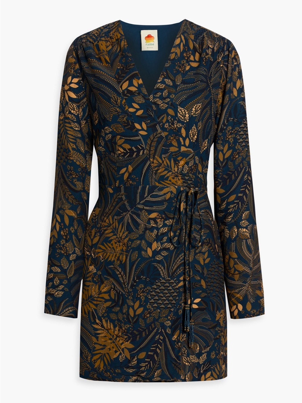 FARM Rio Teal Wrap Dress with Metallic Gold Botanical Print